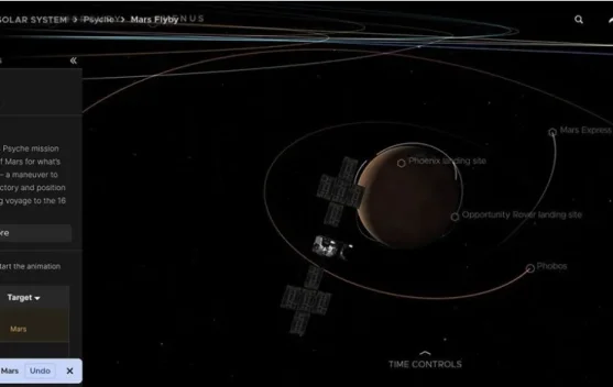Visualisasi flyby wahana Psyche melewati Mars pada aplikasi Eyes on the Solar System