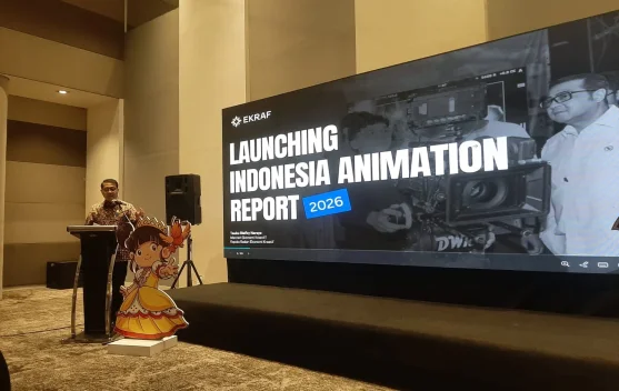 Ilustrasi pertumbuhan industri animasi Indonesia dengan karakter lokal dan grafik pendapatan