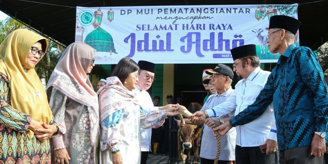 Wali Kota Wesly Silalahi dan Ketua TP PKK menyerahkan sapi kurban ke MUI Pematangsiantar