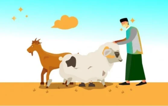 Ilustrasi hewan kurban dan keluarga berdoa untuk almarhum saat Iduladha