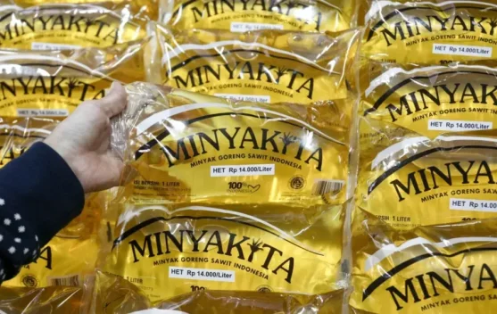Botol minyak goreng Minyakita di rak pasar rakyat