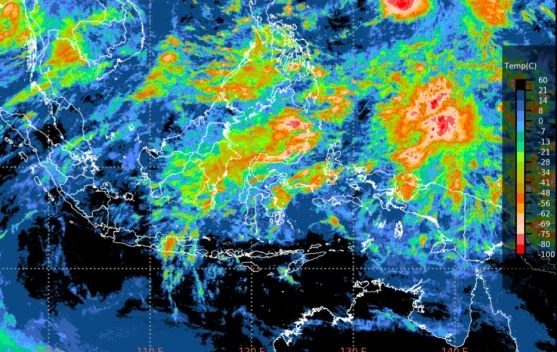 Ilustrasi awan dan hujan ringan di kota Indonesia
