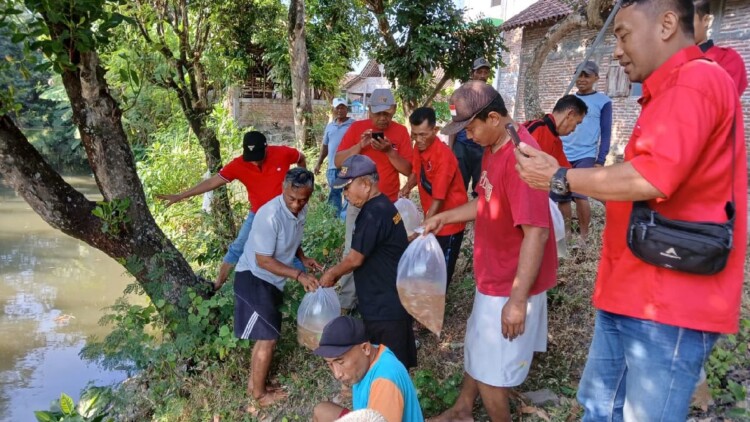 Kader PDI Perjuangan dan warga menebar benih ikan di Sungai Pencol Magetan