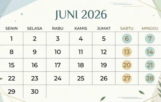 Kalender bulan Juni 2026 menampilkan tanggal hari penting dan libur nasional