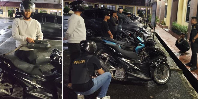 Polisi mengamankan sepeda motor berknalpot brong saat patroli malam di Pematangsiantar