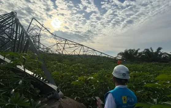 Pekerja PLN mendirikan tower darurat transmisi di Sumatera Utara