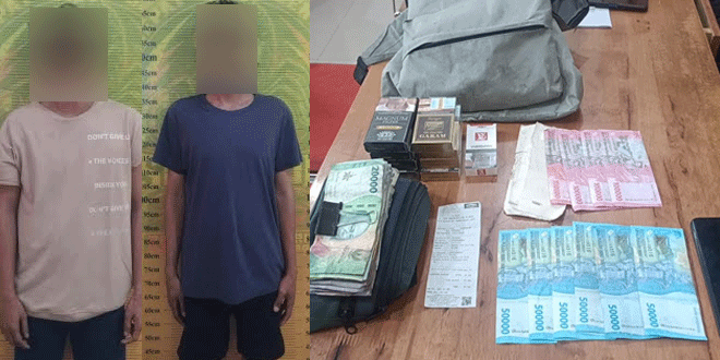 Polisi mengamankan barang bukti dan pelaku peredaran uang palsu di Serdang Bedagai