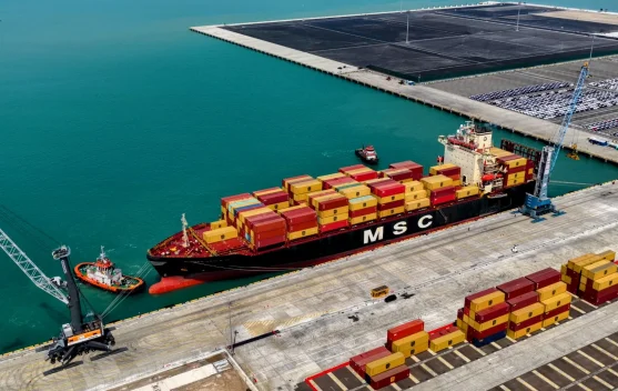 Kapal kontainer sandar di Pelabuhan Patimban saat layanan impor internasional perdana