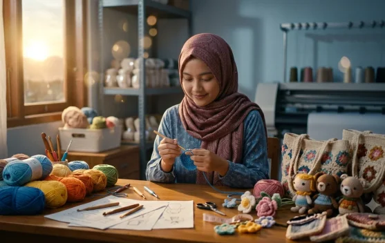 Perajin membuat rajutan tangan dengan benang dan hakpen