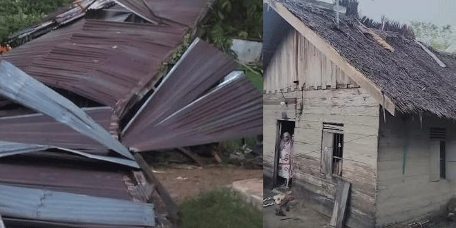 Bangunan dengan atap rusak akibat angin kencang di Gampong Keude Geudong