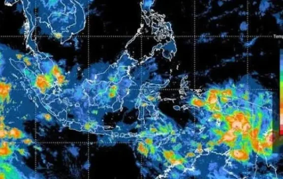 Peta prakiraan cuaca BMKG menunjukkan wilayah berpotensi hujan dan angin kencang