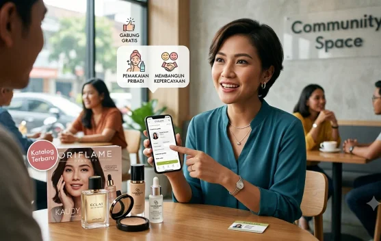 Anggota Oriflame menggunakan produk kosmetik dan menampilkan botol parfum