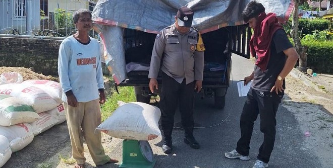 Personel Polsek Siantar Marihat mendampingi penyerahan jagung petani ke gudang Bulog
