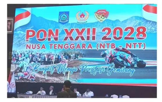 Ilustrasi stadion dan logo PON XXII 2028 dengan peta NTT NTB dan Jakarta