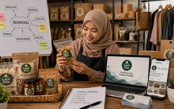 Ilustrasi branding produk UMKM: kemasan, logo, dan pemasaran digital