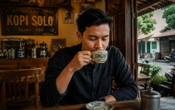 Ilustrasi kedai kopi di Solo dengan pengunjung dan suasana kafe