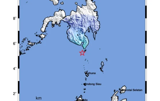 Peta episenter gempa magnitudo 5.3 di Kepulauan Sangihe