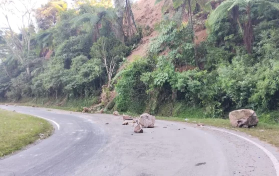 Alat berat membersihkan material longsoran di jalan nasional NTT pascagempa