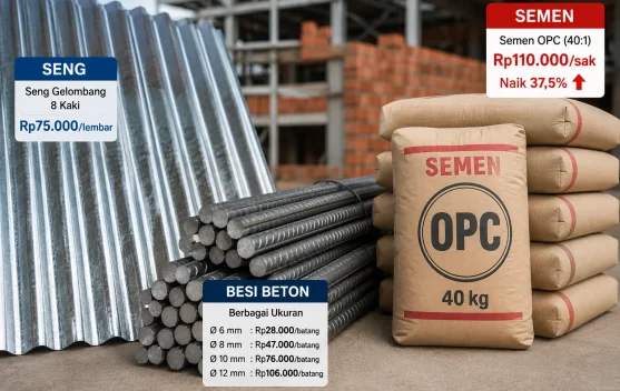 Tumpukan sak semen dan bahan bangunan di toko material Takengon