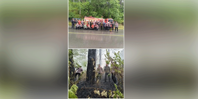 Personel Brimob dan mobil pemadam berjaga saat proses pemadaman karhutla di Aceh Besar