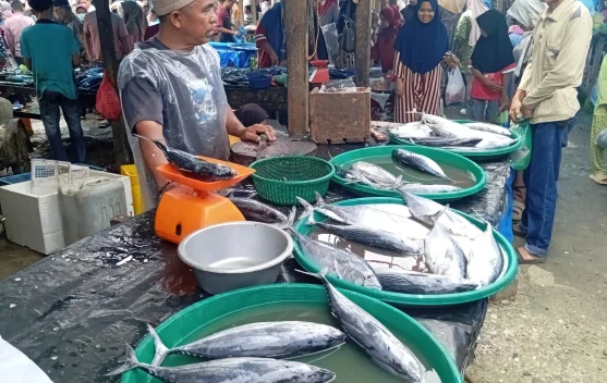 Pedagang ikan di pasar tradisional Aceh Singkil dengan kios lebih lengang