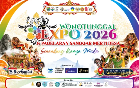 Suasana Wonotunggal Expo menampilkan stan UMKM, pengunjung, dan panggung seni budaya