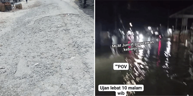 Jalan berlubang dan tergenang air di Medang Deras, Batubara setelah hujan deras