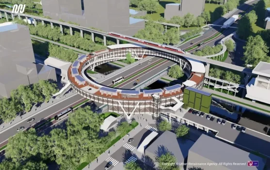 Ilustrasi desain lingkaran Pedestrian Deck Dukuh Atas di atas Jalan Jenderal Sudirman