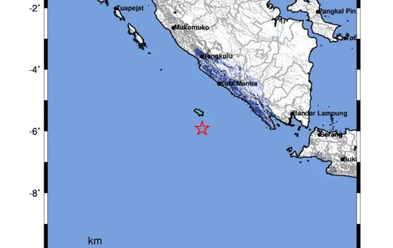 Peta lokasi episenter gempa di laut Bengkulu Utara dekat Enggano