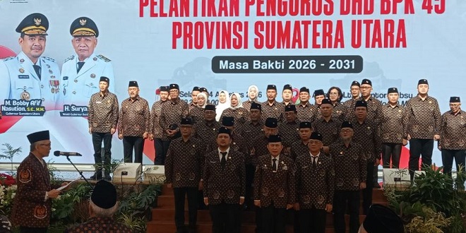 Pengurus DHD BPK 45 Sumut masa bakti 2026-2031 foto bersama usai pelantikan di Kantor Gubsu
