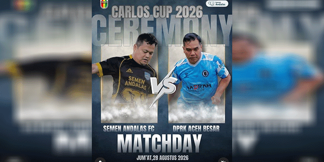 Pertandingan pembuka Carlos Cup 2026 antara Semen Andalas FC dan DPRK Aceh Besar di Lapangan Mini Carlos