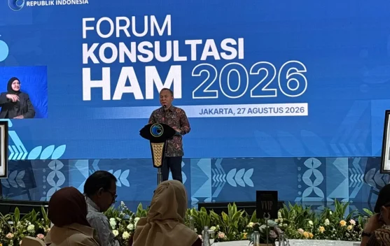 Wamen HAM Mugiyanto berbicara dalam Forum Konsultasi HAM 2026 di Jakarta Pusat