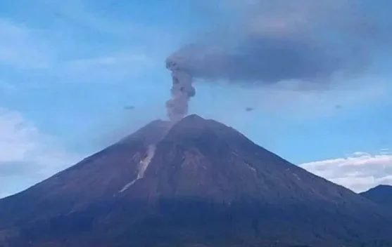 Kolom abu Gunung Semeru menjulang saat erupsi pagi hari