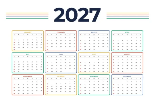 Kalender 2027 menandai tanggal merah dan akhir pekan untuk libur nasional dan cuti bersama