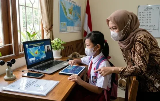 Siswa belajar daring di rumah sementara abu vulkanik Anak Krakatau mempengaruhi wilayah sekitar