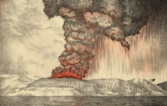 Ilustrasi letusan gunung Krakatau dan awan abu vulkanik menyebar di atmosfer