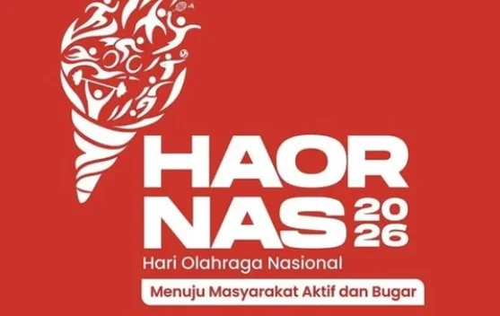 Logo Haornas 2026 berwarna merah dengan obor dan tulisan Haornas 2026 Hari Olahraga Nasional