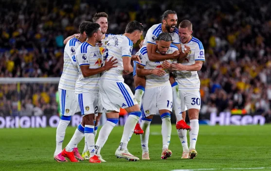 Selebrasi pemain Leeds United setelah mencetak gol melawan Newcastle di Elland Road