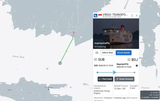 Tampilan layar monitoring AISITS menampilkan jejak rute kapal dan titik sinyal terakhir