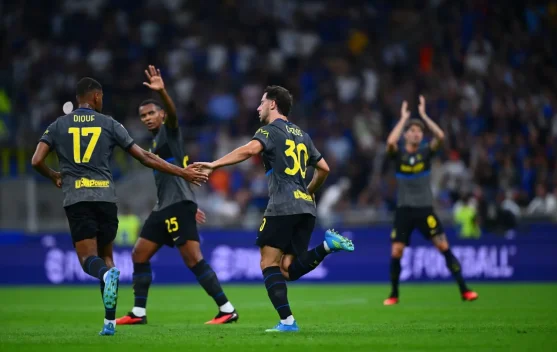 Pemain Inter merayakan gol melawan Udinese di Giuseppe Meazza