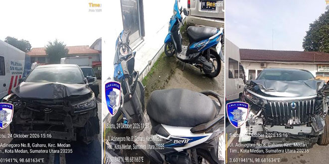 Lokasi tabrakan beruntun di Jalan Sudirman Medan, beberapa mobil dan sepeda motor terlibat