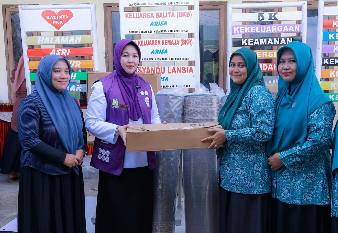 Ketua TP PKK Aceh Besar Rita Mayasari menyerahkan bantuan kepada anak peserta Posyandu di Gampong Aron