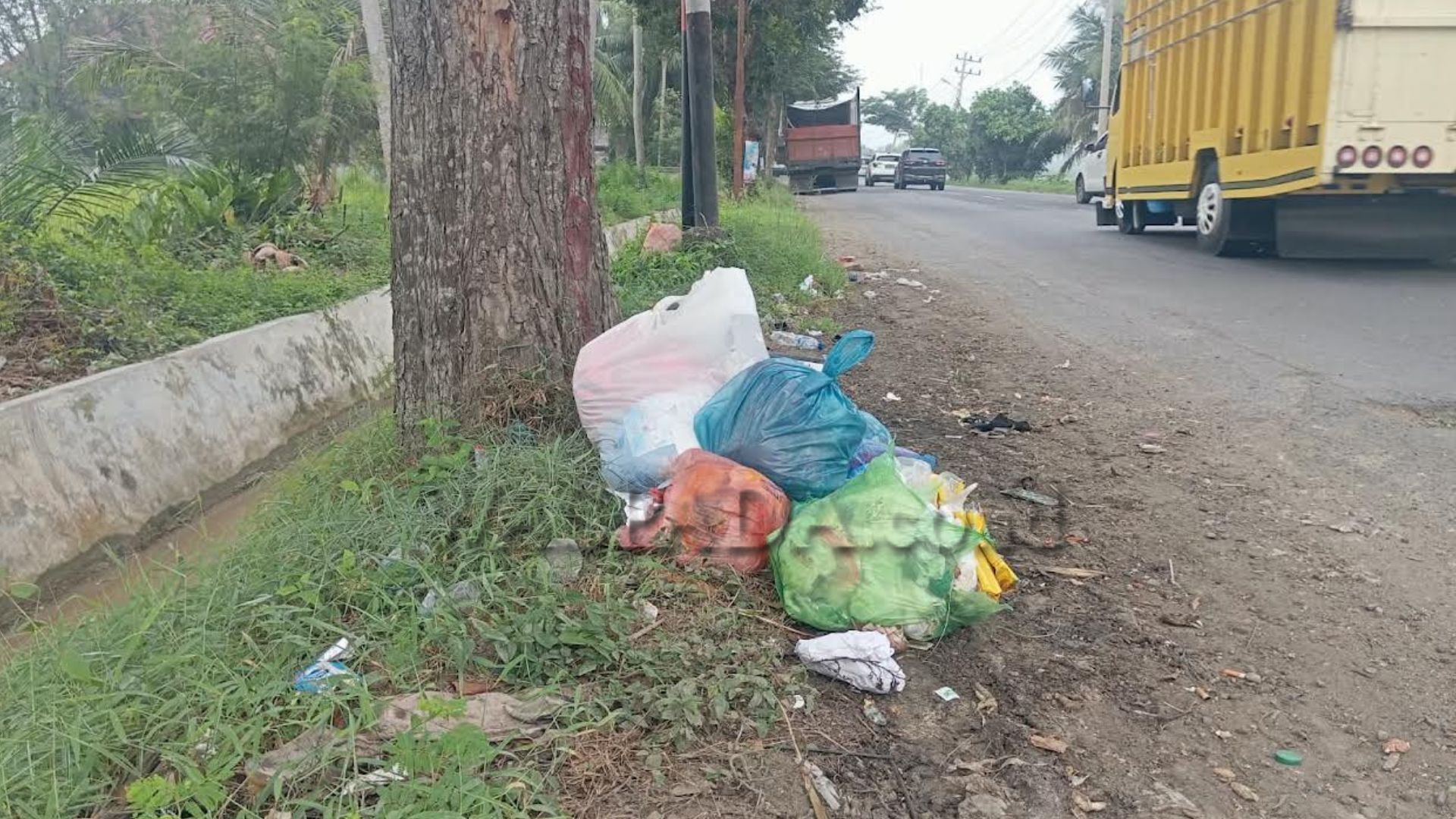 Tumpukan sampah di pinggir jalan Aceh Utara dekat bantaran sungai menunjukkan TPS ilegal dan dampak lingkungan