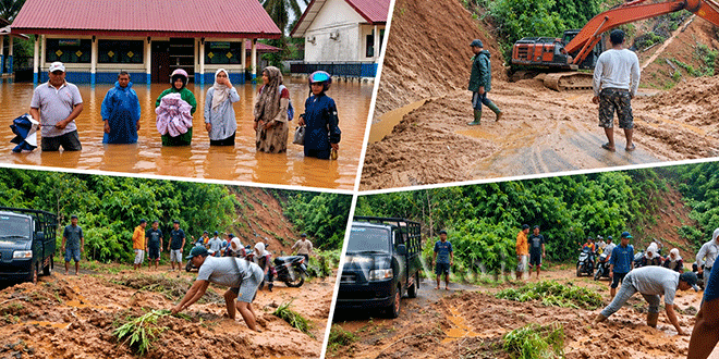 Jalan tertutup material longsor dan banjir di Kluet Raya Aceh Selatan
